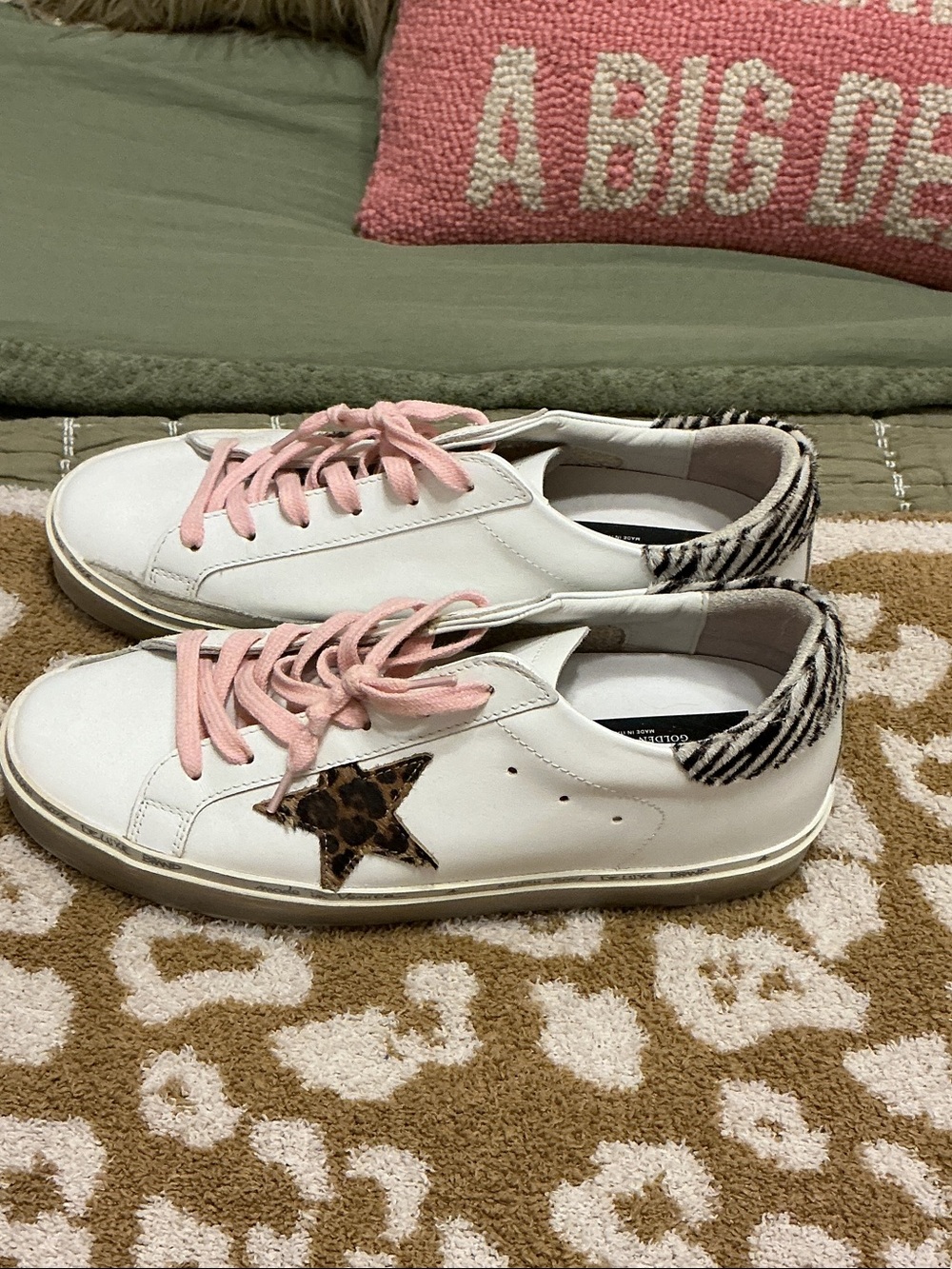 Golden Goose White Leather Sneakers with Pink Laces and Leopard Star